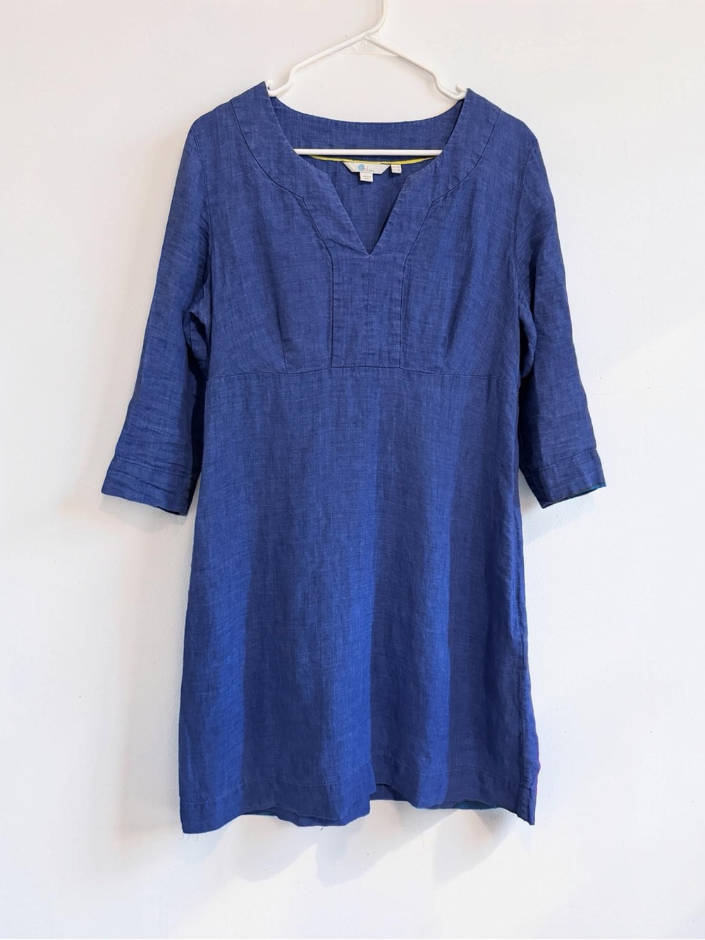 Boden 100% Linen Shift Dress Blue 3/4 Sleeve V-Neck Size US 10L